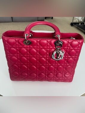 Lady Dior Large Quilted Leather in Raspberry Red/Pink Satchel with Silver Charms